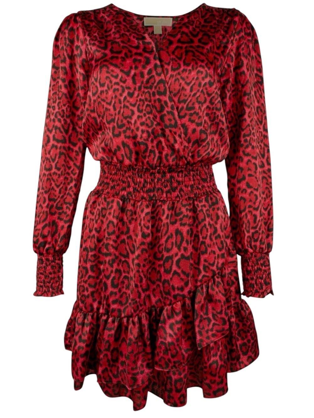 Michael Kors Julia Dress XL Red Leopard Smocked Ruffle NWT - Picture 2 of 15